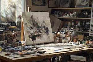 Artistic workspace filled with paint supplies and a canvas in a natural light studio photo