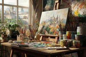 Artistic workspace with vibrant paints and brushes overlooking a scenic view in daylight photo