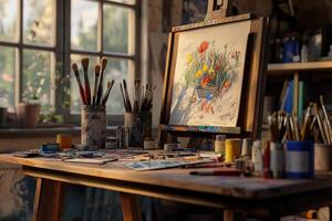 Artistic space with brushes and paints showcasing a colorful floral drawing in a bright room photo