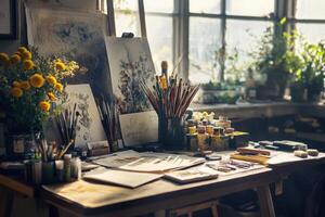 Artistic workspace filled with colorful paints, brushes, and vibrant flowers in the afternoon light photo