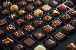 Assorted handcrafted chocolates elegantly displayed in a dark box on a wooden table photo