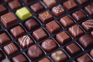 An assortment of gourmet chocolates displayed in a neat arrangement for indulgent tasting photo