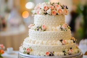 Elegant three-tier wedding cake adorned with fresh roses at a lavish reception venue photo
