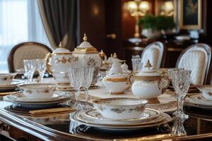 Elegant dining table set with fine china and crystal glasses in a luxurious interior setting photo