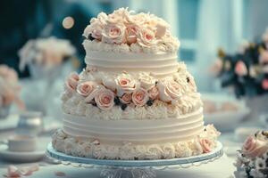 Elegant wedding cake adorned with fresh roses and delicate decorations at a reception setting photo