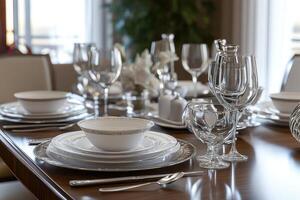 Elegant dining setup with fine china and glassware arranged for a special occasion photo