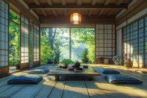 Tranquil Japanese tea room surrounded by vibrant greenery and natural light in the afternoon photo