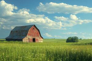 Rustic red barn amid lush green fields under a bright blue sky in late afternoon light photo