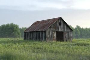 Weathered barn stands alone in a lush green field during a calm morning photo