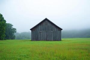 Old wooden barn stands in a misty field surrounded by lush greenery during early morning fog photo