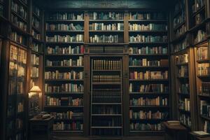 A cozy library filled with countless bookshelves in a vintage setting during late afternoon photo