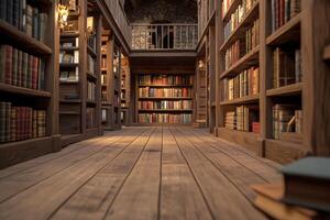A spacious and quiet library filled with shelves of books in an old wooden building photo