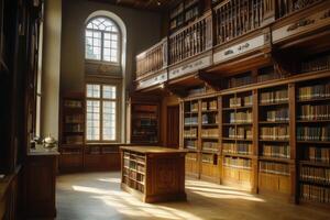 A tranquil afternoon in a historic library showcasing wooden shelves filled with books photo