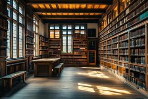 Historical library interior with wooden architecture in the afternoon light photo