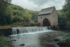 Historic watermill beside a tranquil stream with cascading waterfall surrounded by lush greenery photo