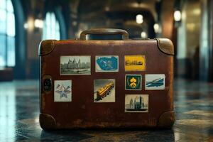 Vintage travel suitcase adorned with stickers sits in a historic train station corridor photo