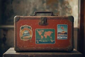 Vintage travel suitcase with world map stickers resting on a wooden table in an old room photo