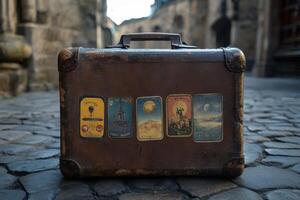 A vintage suitcase with travel stickers sits on cobblestone streets of a historic city photo