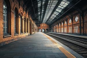 Historic railway station platform with arched windows and brick architecture during daylight photo