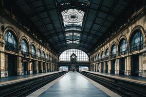 Abandoned railway station interior showcasing architectural beauty at dusk photo