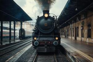 Historic steam locomotive arrives at an old train station on a cloudy day in the early morning photo