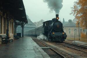 Steam locomotive arriving at a historic station on a foggy autumn morning photo
