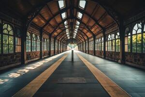 A serene railway platform with sunlight streaming through large windows on a quiet morning photo