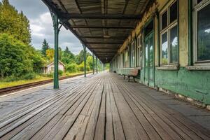 Deserted train station platform with wooden benches and overgrown backdrop on a cloudy day photo