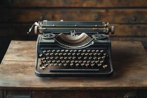 Vintage black typewriter on a wooden table with rustic background highlighting classic design photo