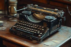 Antique typewriter resting on a wooden desk in a vintage study during the afternoon hours photo