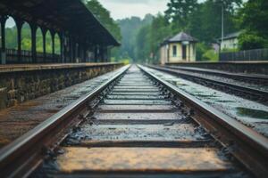 Rain-soaked train tracks stretch through a quiet rural station on a cloudy day photo