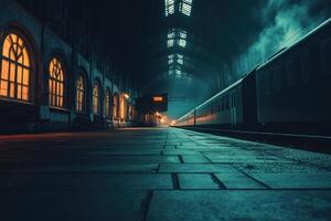 Mysterious train station at night with illuminated windows and steam rising from the tracks photo