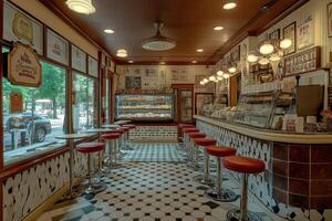 Cozy bakery interior featuring seating and display case on a sunny day in a bustling city photo