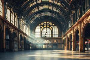 Historic railway station interior with stunning architecture and sunlight streaming through windows photo