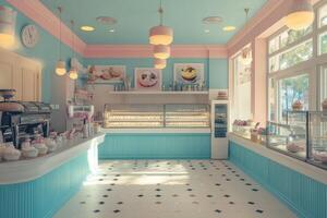 Charming pastel bakery interior with display of sweet treats and stylish decor in bright lighting photo