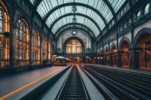 Beautifully lit historic train station with arched glass ceiling and empty platforms during twilight photo