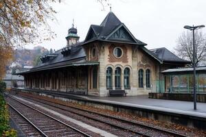 Historic train station in autumn with overcast skies and empty tracks in the countryside photo