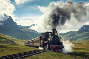 Historic steam locomotive travels through scenic mountains on a bright day photo
