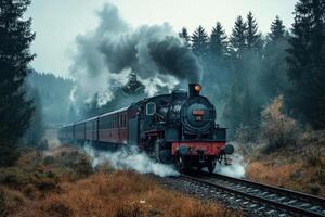 Steam train travels through misty forest landscape on a chilly morning in autumn photo