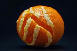 A creatively peeled orange with artistic strips against a dark background photo
