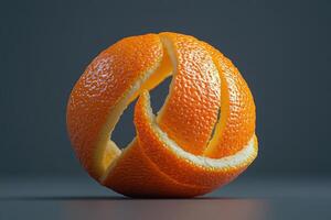 Artistic orange peel sculpture displayed against a dark background in a creative setup photo
