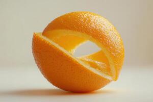 Unique orange fruit cut into a sculptural shape against a neutral background photo