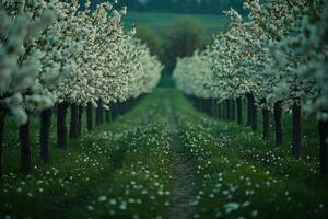 A tranquil spring afternoon in a blooming orchard with rows of white flowering trees photo