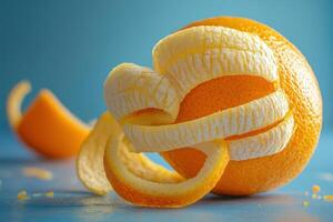 Fresh orange with vibrant peel twisting around its surface on a bright blue background photo