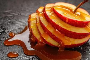 Sliced red apple drizzled with caramel on a dark surface during a culinary presentation photo