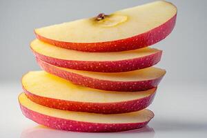 Slices of fresh red apple arranged creatively on a white surface showcasing their vibrant colors photo