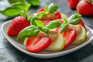 Fresh strawberries and apple slices topped with nut butter on a plate with basil leaves photo