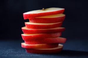 Neatly stacked red apple slices against a dark background highlight their crisp texture photo