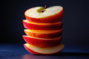 Sliced red apples stacked artistically against a dark background highlighting their freshness photo