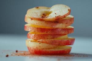 Stacked red apple slices sprinkled with cinnamon on a white surface in natural light photo